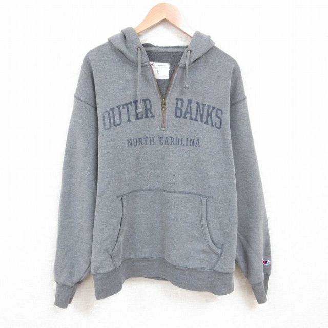 XL★古着 チャンピオン champion 長袖 ハーフジップ スウェット パーカー メンズ OUTER BANKS グレー 霜降り 25may23 中古 スエット トレーナー トップス