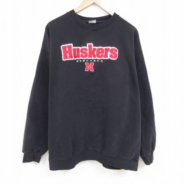 【50%OFF】XL★古着 長袖 スウェット メンズ ネブラスカハスカーズ 大きいサイズ クルーネック 黒 ブラック 25may23 中古 スエット トレーナー トップス