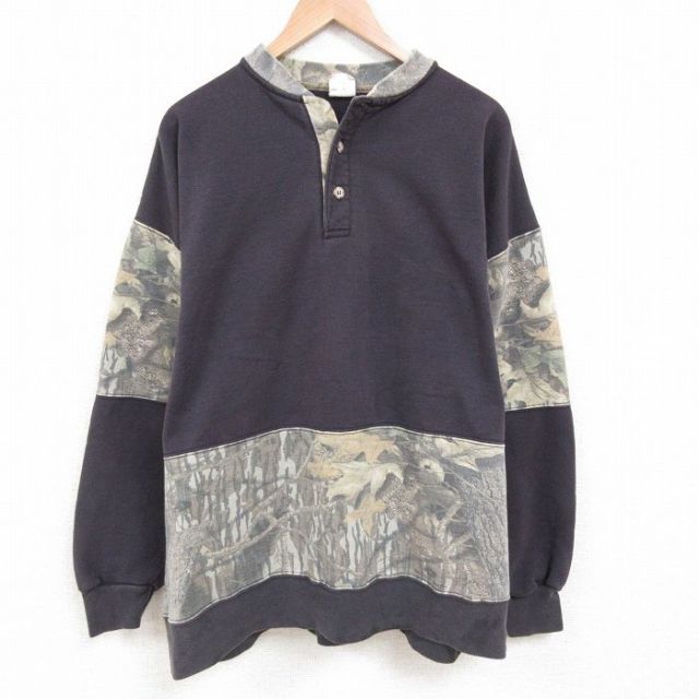 XL★古着 長袖 スウェット メンズ 90年代 90s 大きいサイズ ヘンリーネック USA製 黒他 ブラック 迷彩 25may24 中古 スエット トレーナー トップス