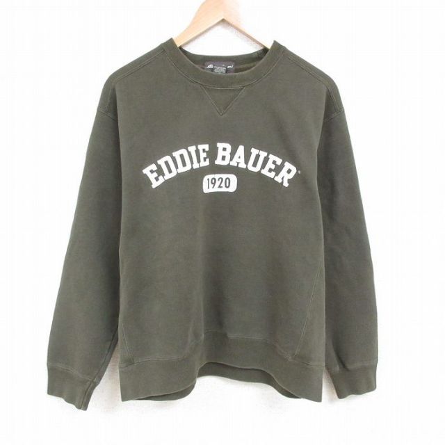 XL★古着 エディーバウアー 長袖 スウェット メンズ ビッグロゴ クルーネック 濃緑 グリーン 25may24 中古 スエット トレーナー トップス