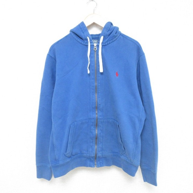 XL★古着 ラルフローレン Ralph Lauren 長袖 ブランド フルジップ スウェット パーカー メンズ ワンポイントロゴ 青 ブルー フード内側サーマル 25may23 中古 スエット トレーナー トップス