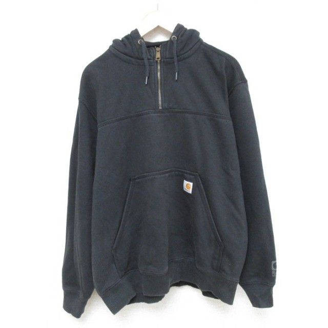 XL★古着 カーハート Carhartt 長袖 ハーフジップ スウェット パーカー メンズ ワンポイントロゴ 大きいサイズ 黒 ブラック 25may23 中古 スエット トレーナー トップス