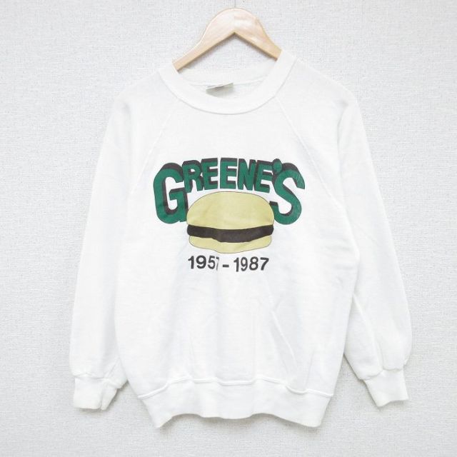 M★古着 長袖 スウェット メンズ 80年代 80s ハンバーガー ラグラン クルーネック USA製 白 ホワイト 25may27 中古 スエット トレーナー トップス