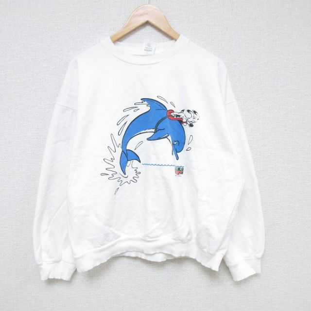 【50%OFF】XL★古着 長袖 スウェット メンズ 90年代 90s イルカ 犬 大きいサイズ コットン クルーネック 白 ホワイト 25may27 中古 スエット トレーナー トップス
