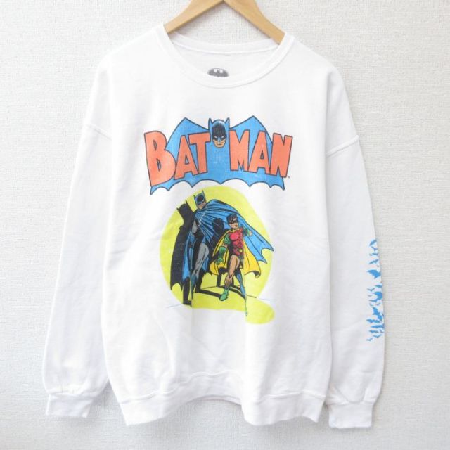 L★古着 長袖 スウェット メンズ DCコミックス バットマン BATMAN クルーネック 白 ホワイト 25may28 中古 スエット トレーナー トップス