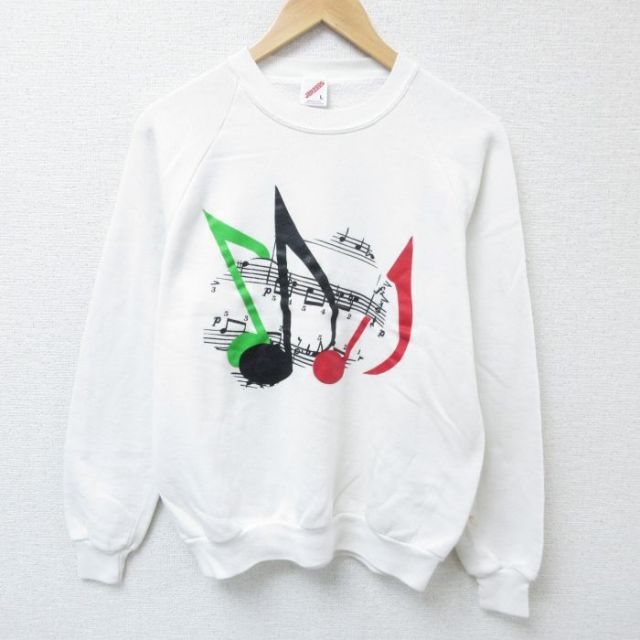【50%OFF】M★古着 ジャージーズ 長袖 スウェット メンズ 80年代 80s 音符 ラグラン クルーネック USA製 白 ホワイト 25may28 中古 スエット トレーナー トップス
