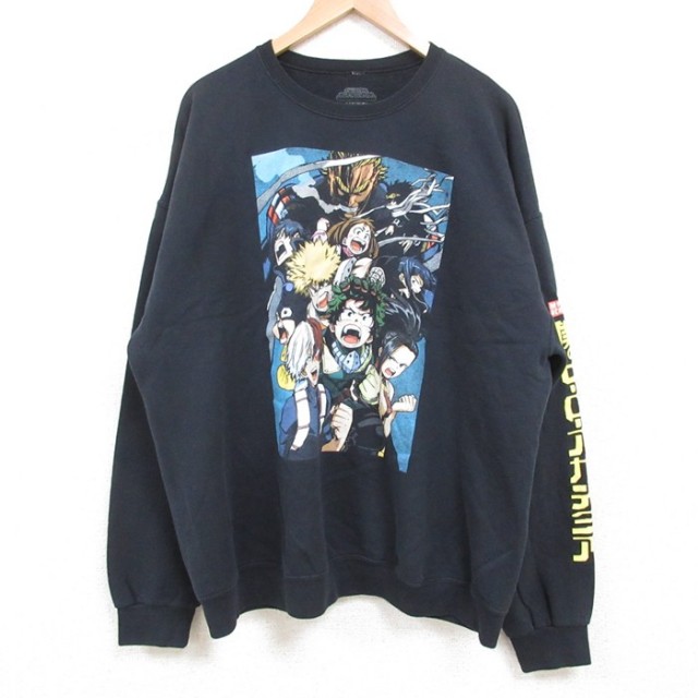 XL★古着 長袖 スウェット メンズ アニメ 僕のヒーローアカデミア 大きいサイズ クルーネック 黒 ブラック 25may29 中古 スエット トレーナー トップス