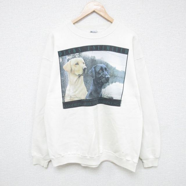 【50%OFF】L★古着 長袖 スウェット メンズ 90年代 90s 犬 クルーネック USA製 白 ホワイト 25may28 中古 スエット トレーナー トップス