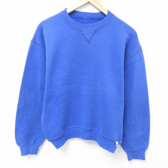 M★古着 ラッセル 長袖 スウェット メンズ 無地 クルーネック 青 ブルー 25may29 中古 スエット トレーナー トップス