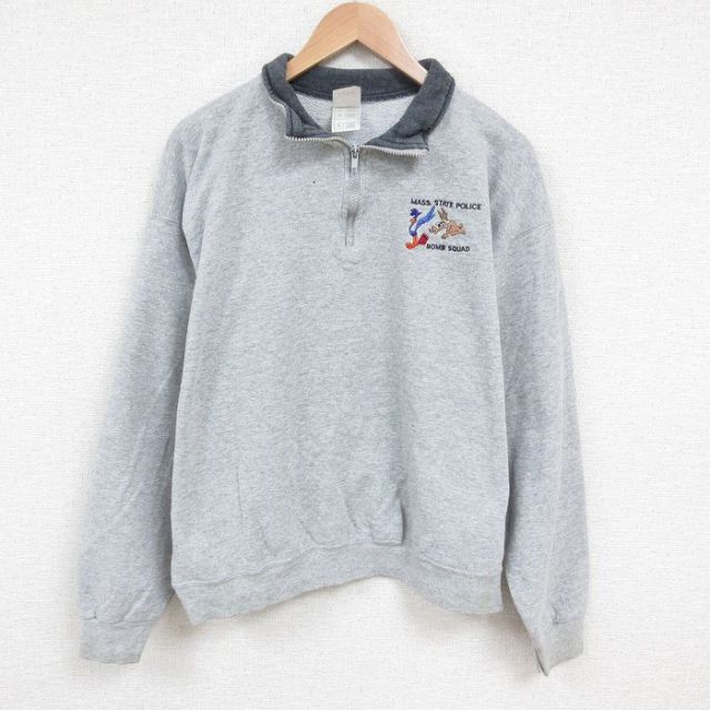 XL★古着 フルーツオブザルーム 長袖 ハーフジップ スウェット メンズ 00年代 00s ルーニーテューンズ LOONEY TUNES ロードランナー ワイリーコヨーテ グレー 霜降り 25may29 中古 スエット トレーナー トップス