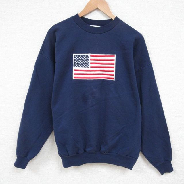 【50%OFF】XL★古着 長袖 スウェット メンズ 00年代 00s 星条旗 クルーネック 紺 ネイビー 25jun04 中古 スエット トレーナー トップス