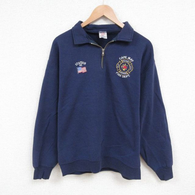 L★古着 ジャージーズ 長袖 ハーフジップ スウェット メンズ 00年代 00s 消防署 紺 ネイビー 25jun04 中古 スエット トレーナー トップス