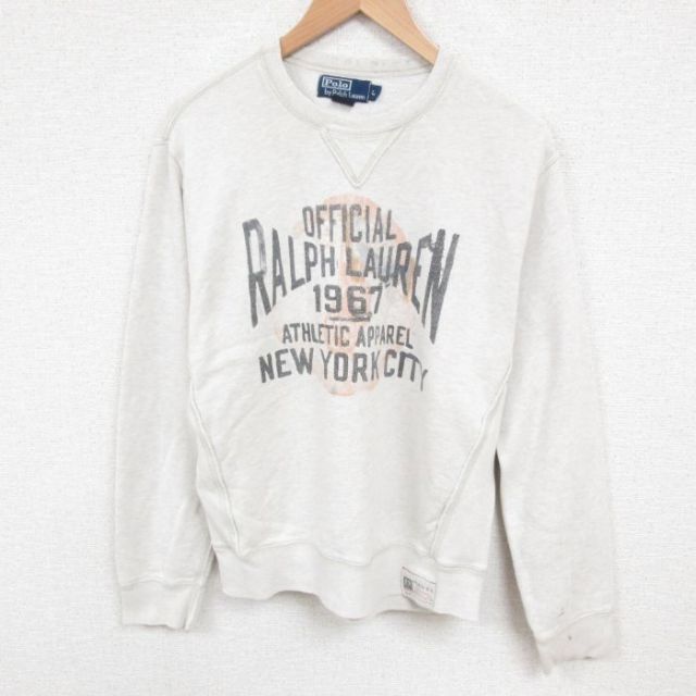 L★古着 ラルフローレン Ralph Lauren 長袖 ブランド スウェット メンズ 90年代 90s クルーネック ベージュ カーキ 霜降り 25jun03 中古 スエット トレーナー トップス