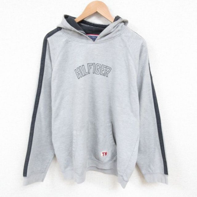 【20%OFF】XL★古着 トミーヒルフィガー TOMMY HILFIGER トミージーンズ 長袖 ブランド スウェット パーカー メンズ 90年代 90s ビッグロゴ 大きいサイズ ラグラン グレー 霜降り 25jun03 中古 スエット トレーナー トップス