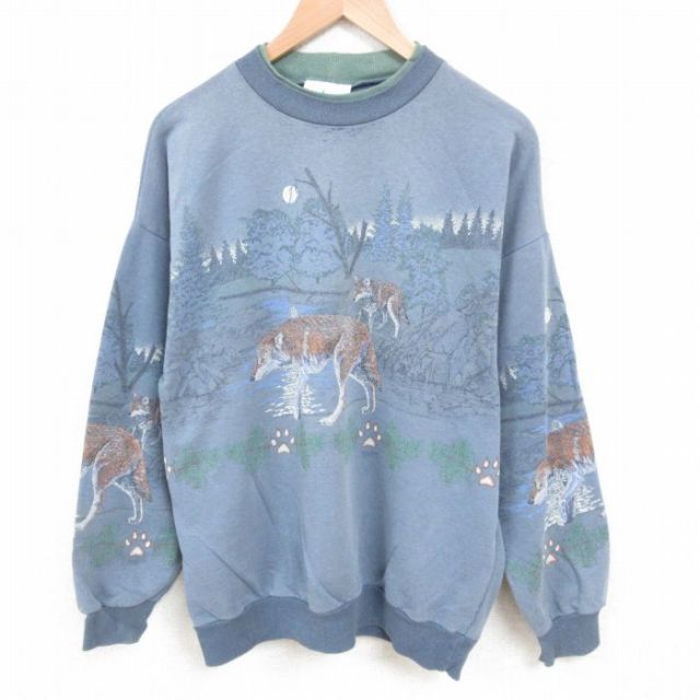 【20%OFF】XL★古着 長袖 スウェット メンズ 90年代 90s オオカミ クルーネック USA製 薄紺 ネイビー 霜降り 25jun03 中古 スエット トレーナー トップス