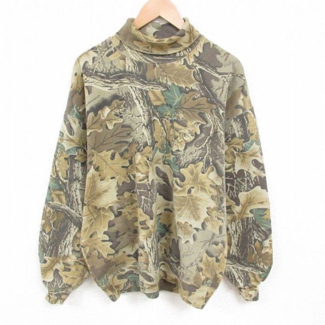 XL★古着 ジャージーズ 長袖 スウェット メンズ 00年代 00s タートルネック ハイネック USA製 こげ茶 ブラウン 迷彩 25jun03 中古 スエット トレーナー トップス