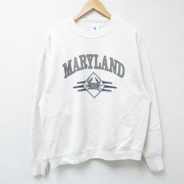 【50%OFF】L★古着 長袖 スウェット メンズ 90年代 90s カニ クルーネック USA製 白 ホワイト 25may30 中古 スエット トレーナー トップス
