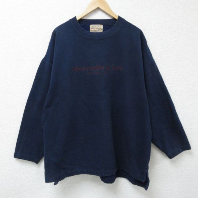 【50%OFF】XL★古着 アバクロンビー Abercrombie&fitch 長袖 スウェット メンズ 90年代 90s ビッグロゴ 刺繍 大きいサイズ クルーネック 紺 ネイビー 25may30 中古 スエット トレーナー トップス