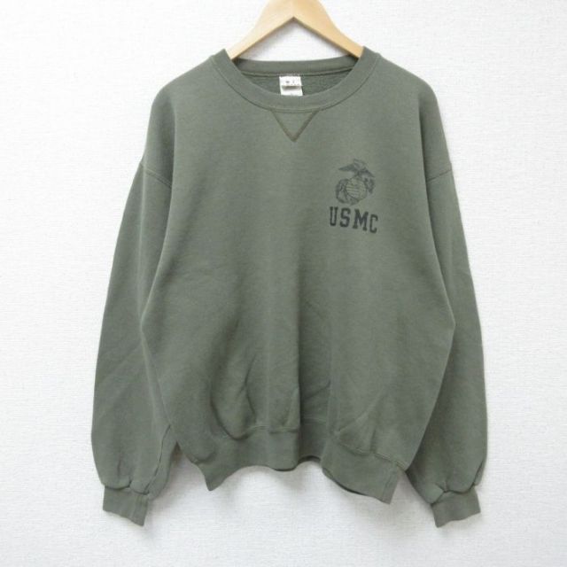 XL★古着 長袖 スウェット メンズ 90年代 90s ミリタリー USMC クルーネック USA製 薄緑 グリーン 25may30 中古 スエット トレーナー トップス