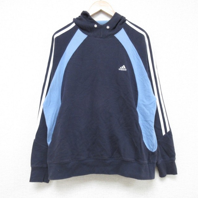 L★古着 アディダス adidas 長袖 スウェット パーカー メンズ 00年代 00s ワンポイントロゴ ラグラン 紺 ネイビー 3本ライン 25may31 中古 スエット トレーナー トップス