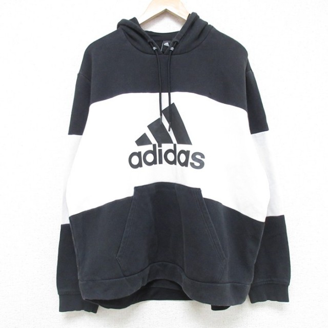 XL★古着 アディダス adidas 長袖 スウェット パーカー メンズ ビッグロゴ 黒他 ブラック 25may31 中古 スエット トレーナー トップス