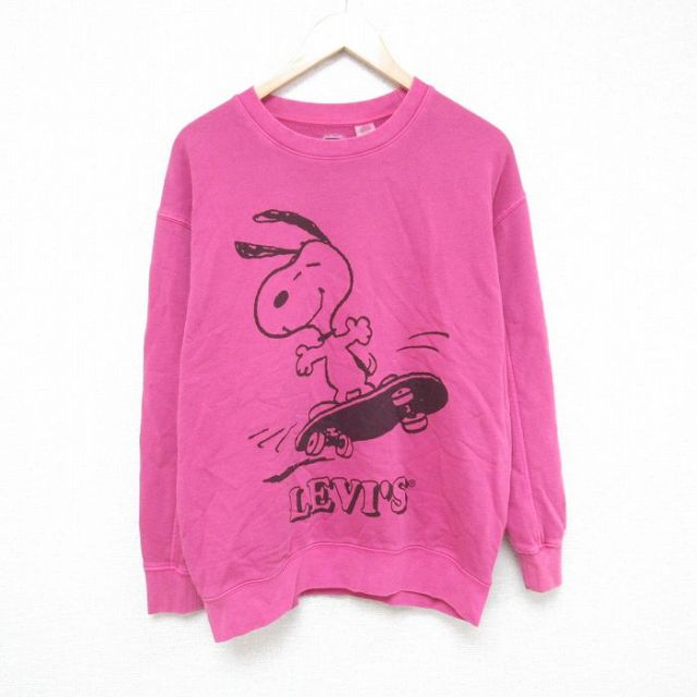 L★古着 リーバイス Levis 長袖 スウェット メンズ ピーナッツ スヌーピー SNOOPY コットン クルーネック ピンク 25jun04 中古 スエット トレーナー トップス