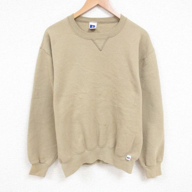 XL★古着 ラッセル 長袖 スウェット メンズ 90年代 90s 無地 クルーネック USA製 ベージュ カーキ 25jun04 中古 スエット トレーナー トップス