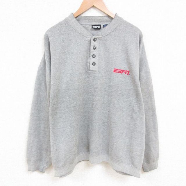 【20%OFF】XL★古着 長袖 スウェット メンズ 00年代 00s ESPN 鹿の子 大きいサイズ ヘンリーネック グレー 25jun04 中古 スエット トレーナー トップス