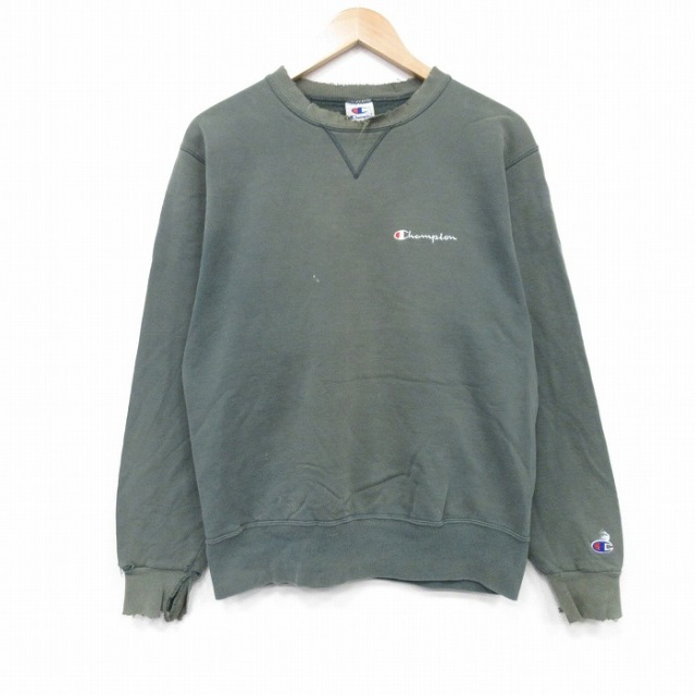 M★古着 チャンピオン champion 長袖 スウェット メンズ 90年代 90s ワンポイントロゴ クルーネック 緑 グリーン 25oct01 中古 スエット トレーナー トップス