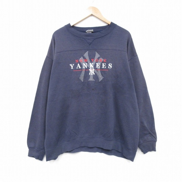XL★古着 リー Lee 長袖 スウェット メンズ 00年代 00s MLB ニューヨークヤンキース 刺繍 大きいサイズ クルーネック 紺 ネイビー 25oct01 中古 スエット トレーナー トップス
