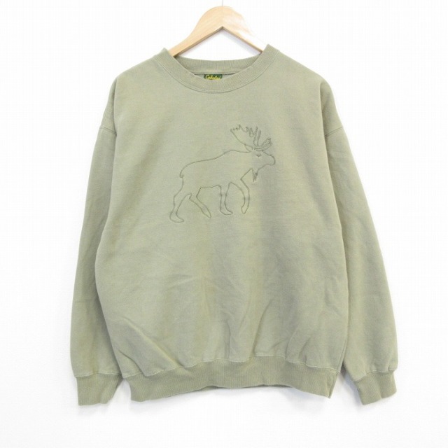 【20%OFF】L★古着 カベラス 長袖 スウェット メンズ シカ 刺繍 クルーネック 薄緑 グリーン 25oct01 中古 スエット トレーナー トップス