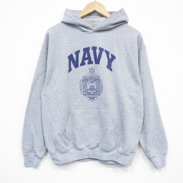 M★古着 長袖 スウェット パーカー メンズ ミリタリー ネイビー NAVY グレー 霜降り 25oct01 中古 スエット トレーナー トップス
