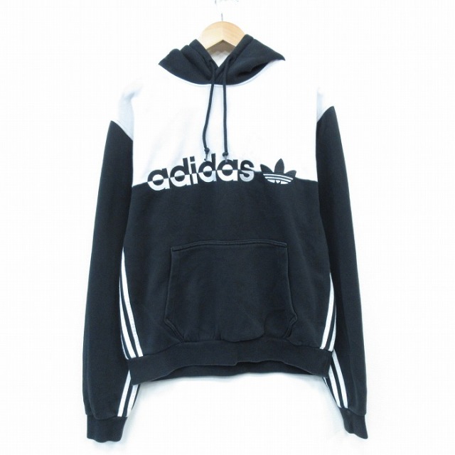 L★古着 アディダス adidas 長袖 スウェット パーカー メンズ ビッグロゴ リーフ トレフォイル 黒他 ブラック 25oct03 中古 スエット トレーナー トップス