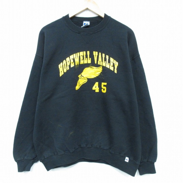 XL★古着 ラッセル 長袖 スウェット メンズ 90年代 90s ウィングフット クルーネック USA製 黒 ブラック 【spe】 25oct03 中古 スエット トレーナー トップス