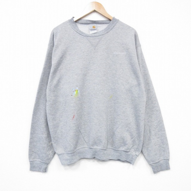 XL★古着 カーハート Carhartt 長袖 スウェット メンズ 00年代 00s ワンポイントロゴ クルーネック 薄グレー 霜降り 25oct02 中古 スエット トレーナー トップス