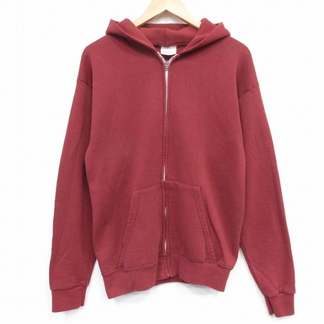 M★古着 長袖 フルジップ スウェット パーカー メンズ 90年代 90s 無地 USA製 エンジ 25oct04 中古 スエット トレーナー トップス
