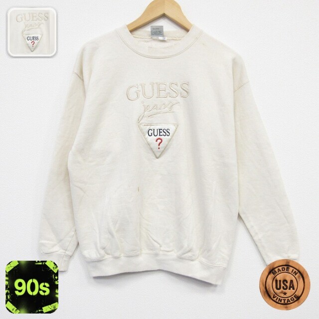 【50%OFF】ゲス 90s 長袖スウェット ビッグロゴ刺繍 生成り ベージュ M | 古着