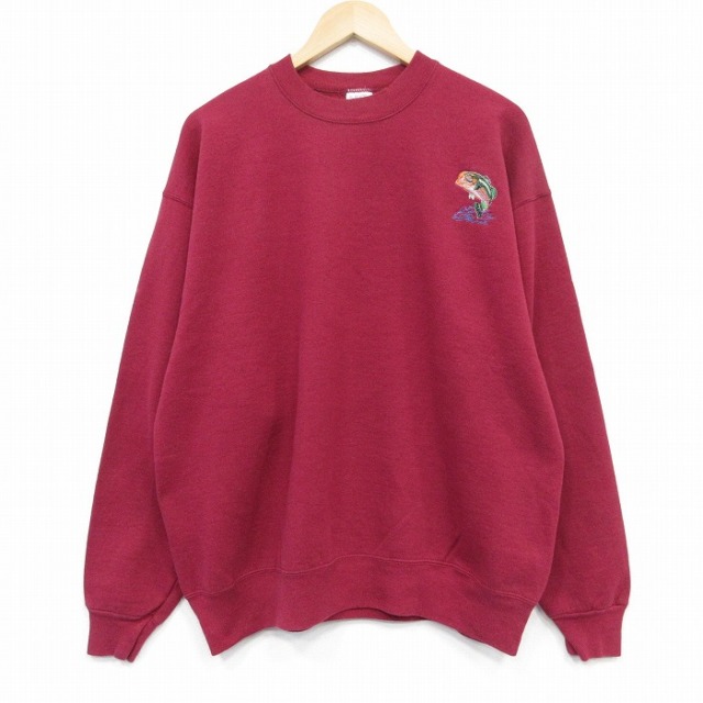 XL★古着 BVD 長袖 スウェット メンズ 90年代 90s 魚 クルーネック USA製 エンジ 25oct04 中古 スエット トレーナー トップス