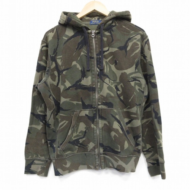 L★古着 ラルフローレン Ralph Lauren 長袖 ブランド フルジップ スウェット パーカー メンズ ワンポイントロゴ 茶他 ブラウン 迷彩 25oct04 中古 スエット トレーナー トップス