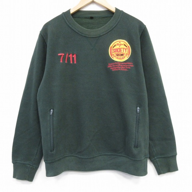 M★古着 長袖 スウェット メンズ SOCIETY クルーネック 濃緑 グリーン 25oct04 中古 スエット トレーナー トップス