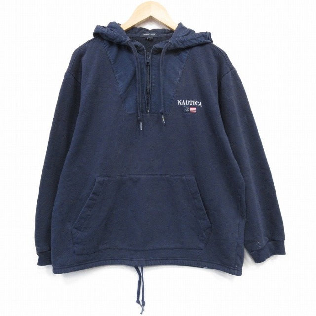 L★古着 ノーティカ NAUTICA 長袖 ブランド ハーフジップ スウェット パーカー メンズ ワンポイントロゴ 紺 ネイビー 25oct04 中古 スエット トレーナー トップス