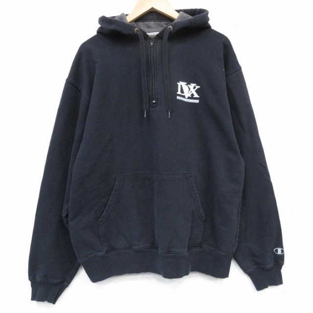 XL★古着 チャンピオン champion 長袖 ハーフジップ スウェット パーカー メンズ DVX 黒 ブラック 25oct04 中古 スエット トレーナー トップス