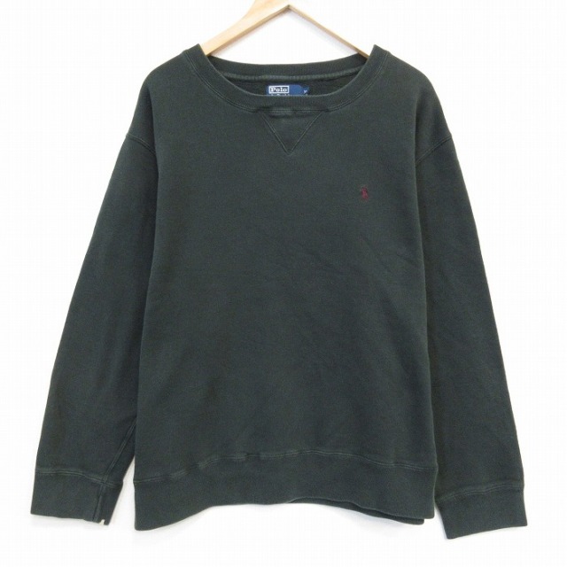 XL★古着 ラルフローレン Ralph Lauren 長袖 ブランド スウェット メンズ 90年代 90s ワンポイントロゴ 大きいサイズ クルーネック 濃緑 グリーン 25oct03 中古 スエット トレーナー トップス
