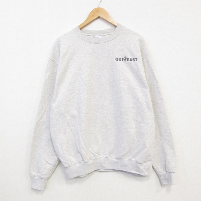 L★古着 チャンピオン champion 長袖 スウェット メンズ OUT EAST クルーネック 薄グレー 霜降り 25oct04 中古 スエット トレーナー トップス