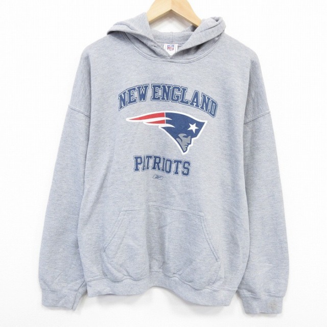 XL★古着 長袖 スウェット パーカー メンズ NFL ニューイングランドペイトリオッツ 大きいサイズ グレー 霜降り アメフト スーパーボウル 25oct07 中古 スエット トレーナー トップス