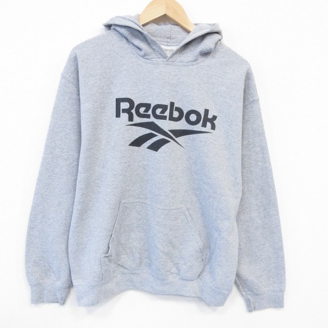 L★古着 リーボック REEBOK 長袖 スウェット パーカー メンズ ビッグロゴ グレー 霜降り 25oct07 中古 スエット トレーナー トップス