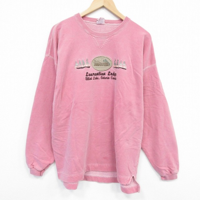 XL★古着 長袖 スウェット メンズ 90年代 90s 刺繍 コットン クルーネック カナダ製 ピンク 25oct07 中古 スエット トレーナー トップス