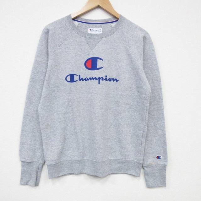 M★古着 チャンピオン champion 長袖 スウェット メンズ ビッグロゴ クルーネック 薄グレー 霜降り 25oct06 中古 スエット トレーナー トップス