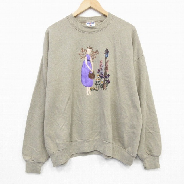 XL★古着 ジャージーズ 長袖 スウェット メンズ 90年代 90s 花 女性 クルーネック USA製 濃ベージュ カーキ 【spe】 25oct10 中古 スエット トレーナー トップス