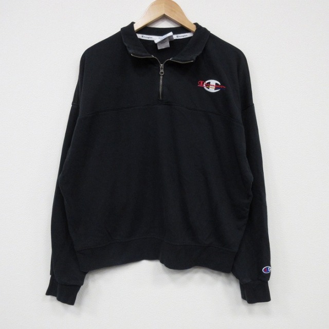 XL★古着 チャンピオン champion 長袖 ハーフジップ トップス メンズ ワンポイントロゴ 黒 ブラック 25oct30 中古 スエット トレーナー